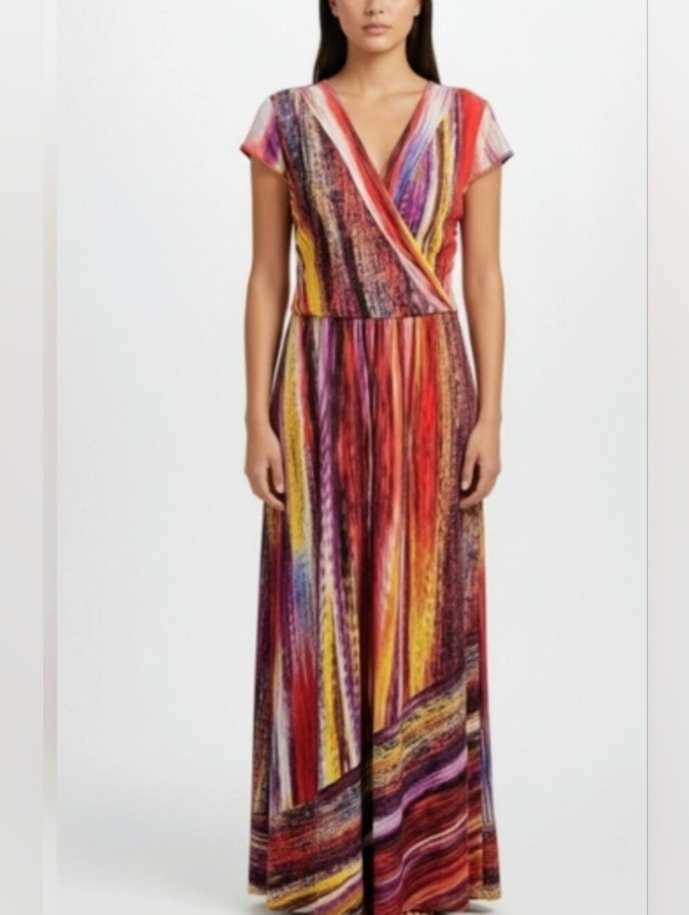 Ashley Stewart Multicolor Striped V-Neck Wrap Maxi Dress
